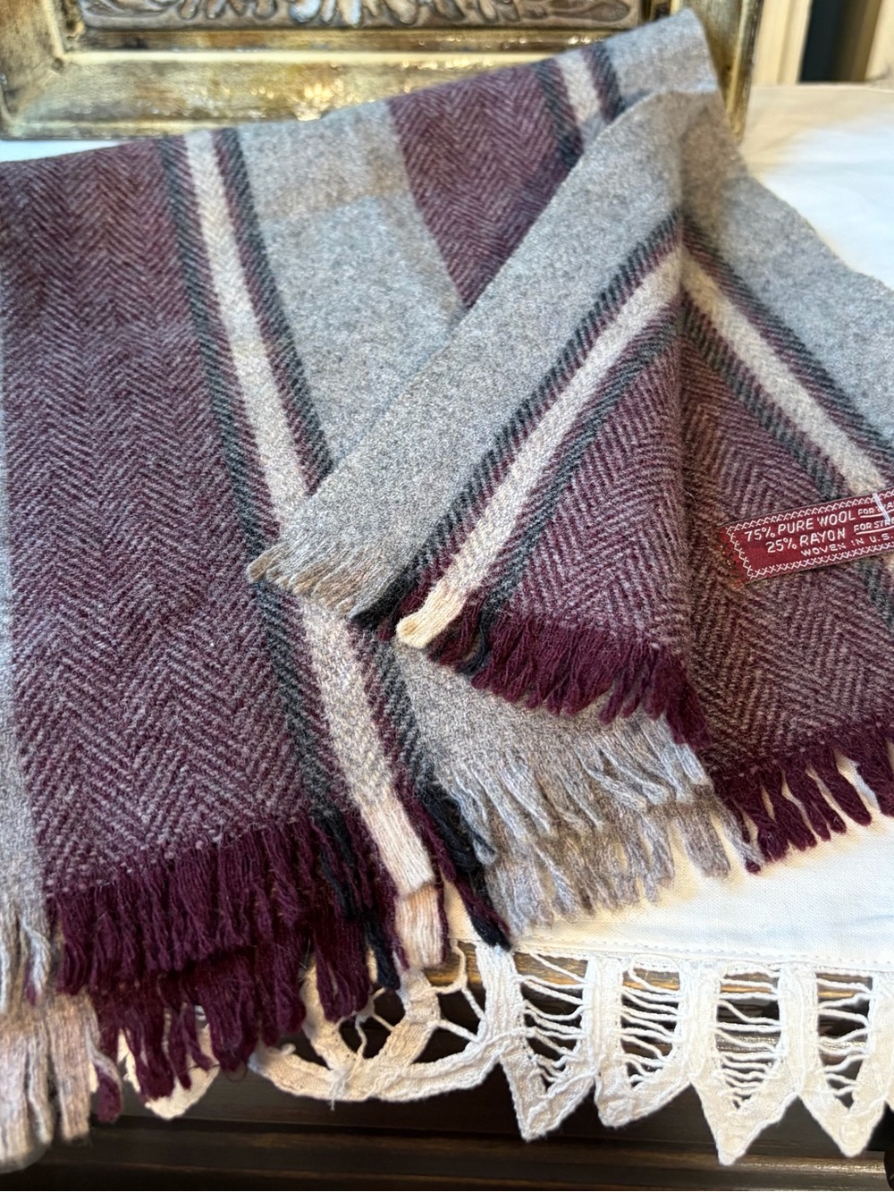 Vintage stipe grey maroon wool scarf